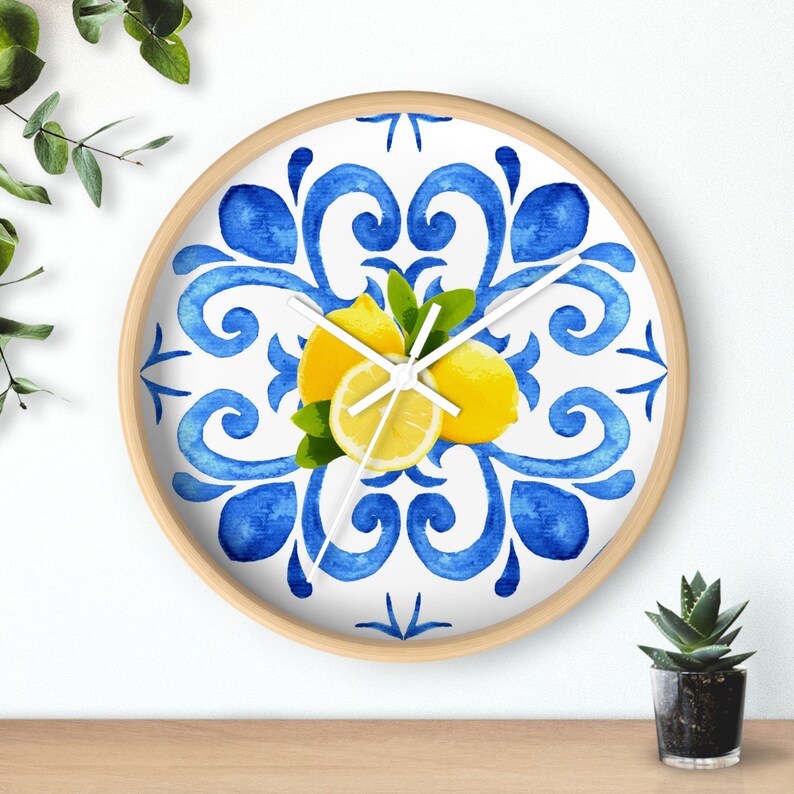 Mediterranean Tile Wall Clock With Lemons, Italian Coastal Decor, Blue ...