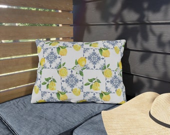 Outdoor Pillows Majolica Mediterranean Tile Design, Blue and White Tile with Lemons, Italian Sicilian Decor, Outdoor Patio Decor
