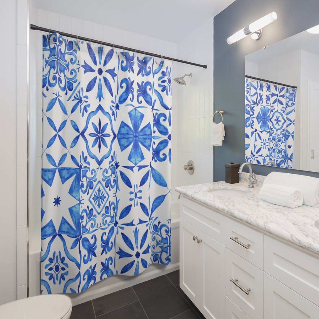 Amalfi Coast Azure Tile Design Shower Curtain: Mediterranean Inspired ...