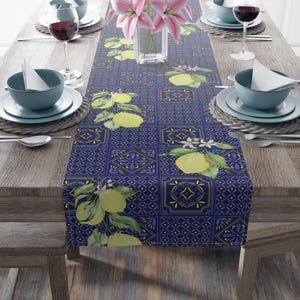 Blue Tile & Lemon Table Runner: Mediterranean Kitchen Decor