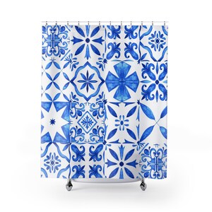 Shower Curtain, Spanish, Greek, Italian, Portuguese Tile Shower Curtain, Coastal Blue and White Tile, Mediterranean Bathroom Decor image 5