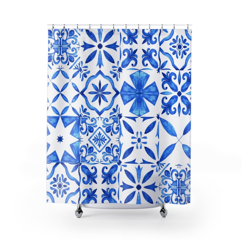 Shower Curtain, Spanish, Greek, Italian, Portuguese Tile Shower Curtain, Coastal Blue and White Tile, Mediterranean Bathroom Decor image 5