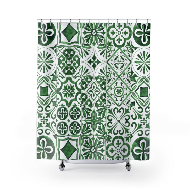 Shower Curtain Mediterranean Green Oasis Beautiful Green and White Tiles Italian Tile Spanish