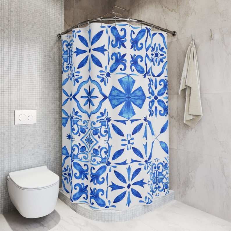 Shower Curtain, Spanish, Greek, Italian, Portuguese Tile Shower Curtain, Coastal Blue and White Tile, Mediterranean Bathroom Decor image 3