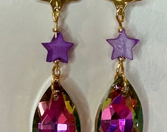 Pink, turquoise swarovski style drop earrings pink pendant stainless steel hoop earrings.
