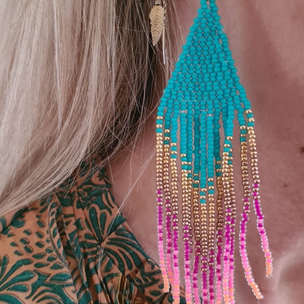 Miyuki seed bead summer fringe rochalles color block turquoise pink Goldplated hand woven surgical steel hooks brick stitch pattern earrings