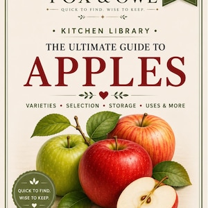 May include: A digital reference guide titled FOX & OWL: THE ULTIMATE GUIDE TO APPLES. The cover features a green apple, a red apple, and a sliced apple with leaves. Text includes K001, Kitchen Library, Varieties, Selection, Storage, and Uses & More.