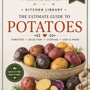 May include: A digital reference guide titled Fox & Owl Kitchen Library: The Ultimate Guide to Potatoes. The cover features a bowl of assorted raw potatoes in red, yellow, and purple varieties, with text detailing varieties, selection, and storage.