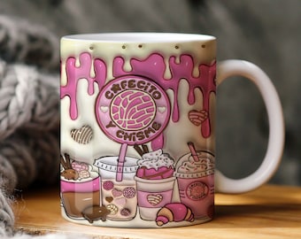 3D Cafecito Y Chisme Inflated Mug Wrap Sublimation Design 11oz & 15oz, 3D Puff Pan Dulce Mug Sublimation PNG, Mug Template For Sublimation