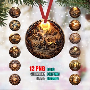 12+ Pacchetto di ornamenti natalizi 3D luminosi / Ornamento rotondo di Natale png / Disegni di sublimazione di Natale 2023 / Ornamenti natalizi 3D png