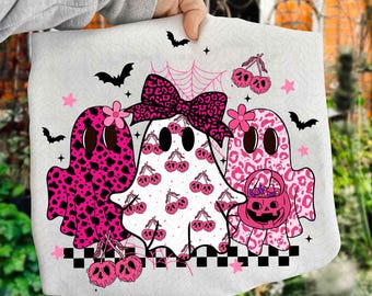 Retro Pink Leopard Pumpkin Ghost PNG, Halloween Girly Ghost Sublimation, Retro Checkered Ghosts Pumpkin Cherries PNG, Cute Spooky Design