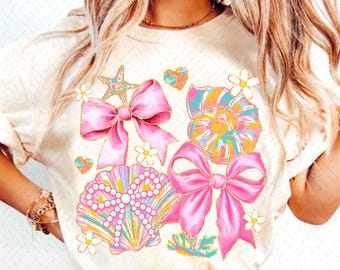 Floral coquette zeeschelp png, preppy kust png, boho zomer png, strand png, zomer coquette png, zeester png, zomervibes shirtontwerp