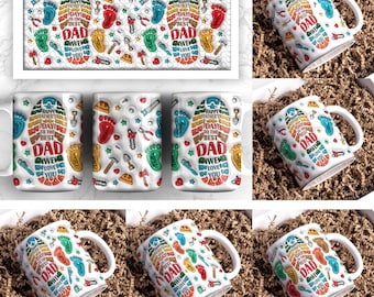 Personalized Dad 3D Inflated Mug Wrap, Custom Dad Footprint Up to 6 Kids 11oz Mug Template, Dad 11oz Mug Png, Fathers Day Coffee Mugs Png