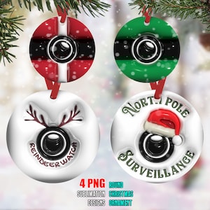 3D Christmas Ornament PNG Sublimation Design, 3D Inflated Santa Cam Christmas Round Ornament PNG File, Instant Digital Download