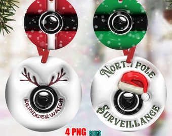 3D Christmas Ornament PNG Sublimation Design, 3D Inflated Santa Cam Christmas Round Ornament PNG File, Instant Digital Download