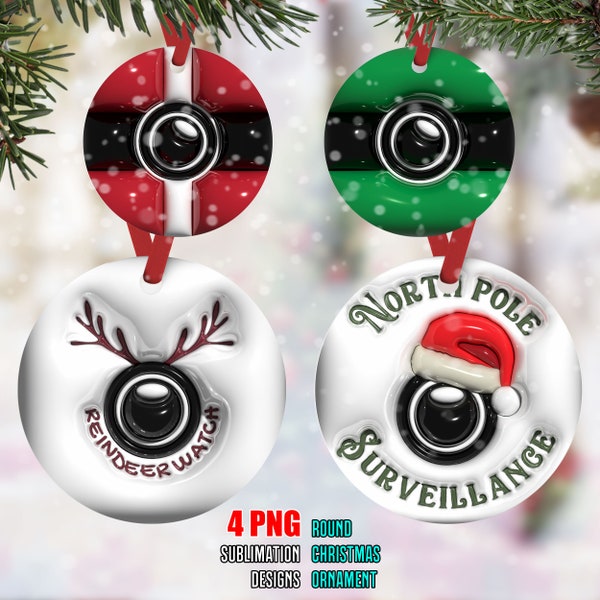 3D Christmas Ornament PNG Sublimation Design, 3D Inflated Santa Cam Christmas Round Ornament PNG File, Instant Digital Download