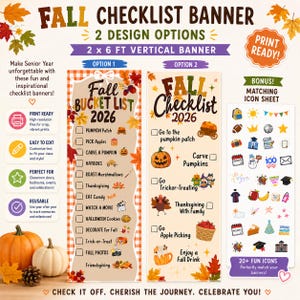 May include: Two vertical 2 x 6 ft fall checklist banners with autumn leaf motifs, pumpkin graphics, and checkboxes. Option one features a buffalo plaid border and bucket list items. Option two includes a list of seasonal activities and a bonus icon sheet.