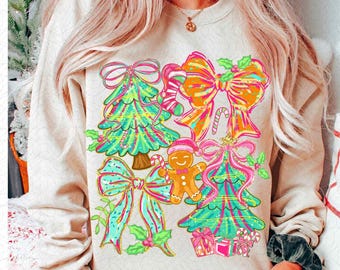 Floral Preppy Christmas Tree Bow Png, Merry & Bright Png, Floral Coquette, Preppy Christmas Png, Pink Blue Christmas Png, Merry Christmas
