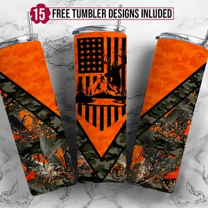 Deer Hunting Flag 20oz Sublimation Tumbler Designs, Camo Orange 9.2 x 8.3” Straight Skinny Tumbler Wrap, Mens Tumbler