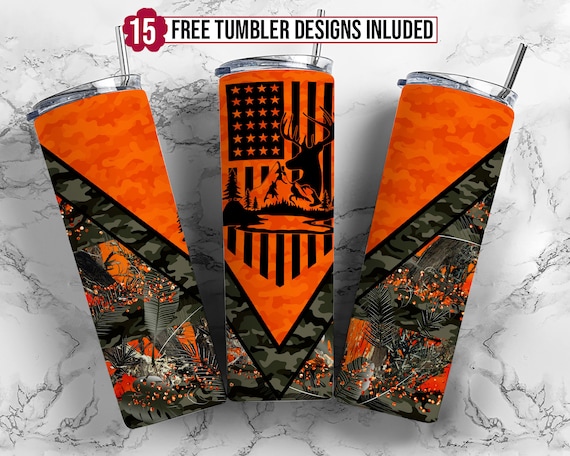 Deer Hunting Flag 20oz Sublimation Tumbler Designs, Camo Orange 9.2 x 8.3” Straight Skinny Tumbler Wrap, Mens Tumbler