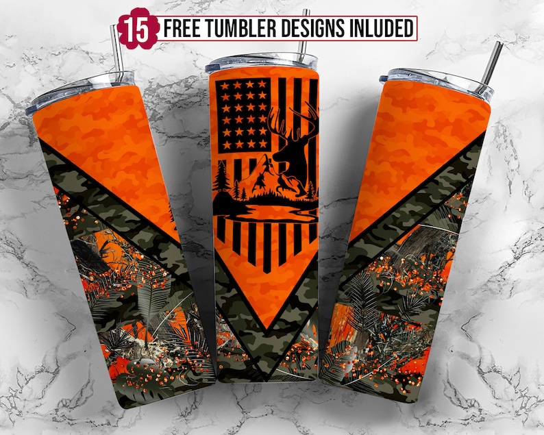 Deer Hunting Flag 20oz Sublimation Tumbler Designs, Camo Orange 9.2 x 8.3” Straight Skinny Tumbler Wrap, Mens Tumbler