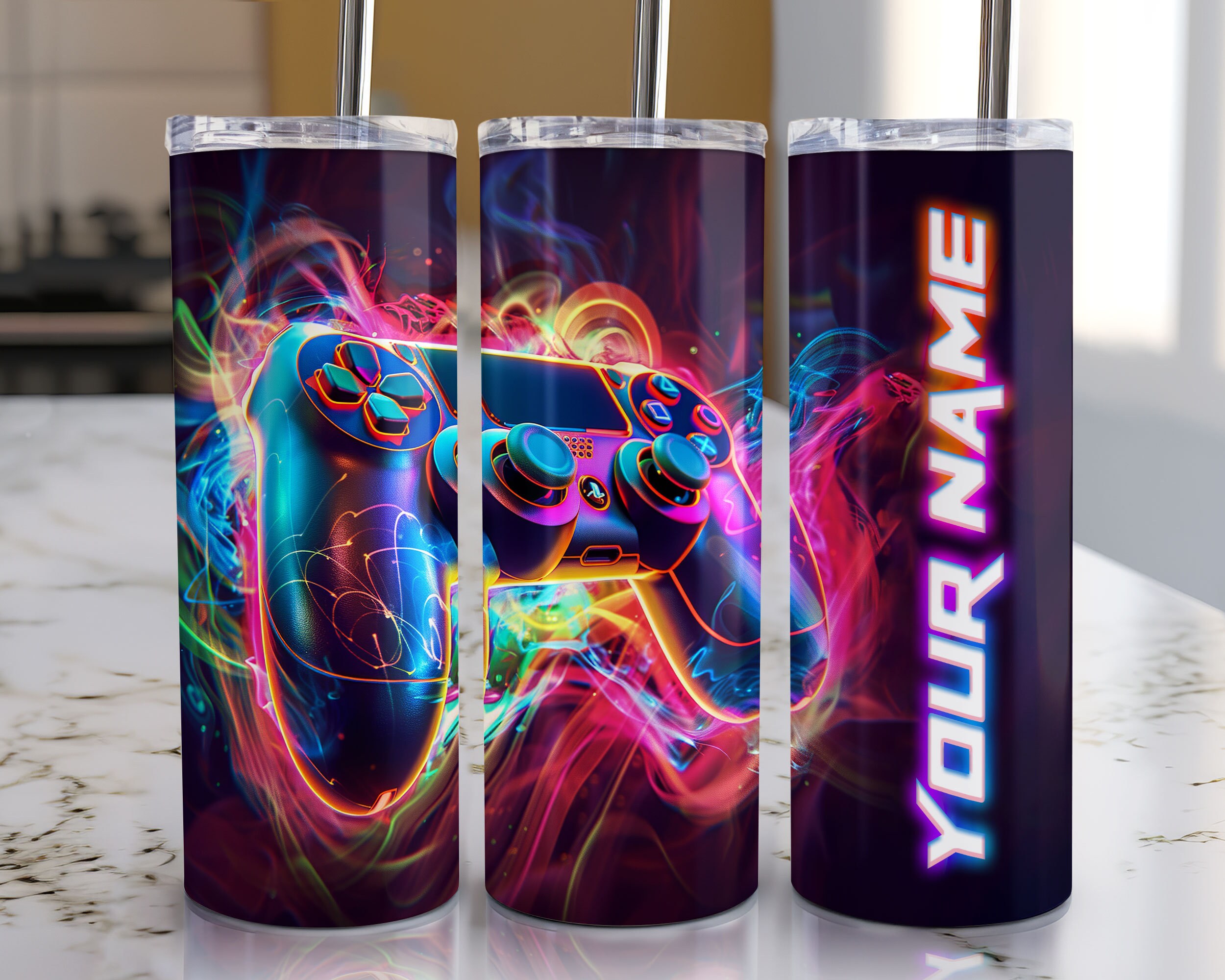 Game Controller 20 Oz Skinny Tumbler Sublimation Design Neon Gamer Name ...
