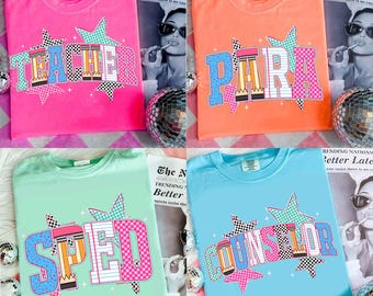 Retro School Occupation PNG Bundle, Back to School Teacher Sped Para Counselor, Preppy First Day of School Checkered Girly Png, Drawn