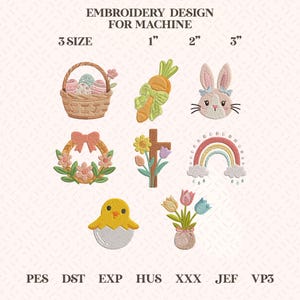 Puede incluir: Un conjunto de diseños de bordado para máquina, con motivos de Pascua. Los diseños incluyen una cesta con huevos, una zanahoria con un lazo, una cara de conejo, una corona, una cruz con flores, un arcoíris, un pollito saliendo de un huevo y un jarrón de tulipanes.