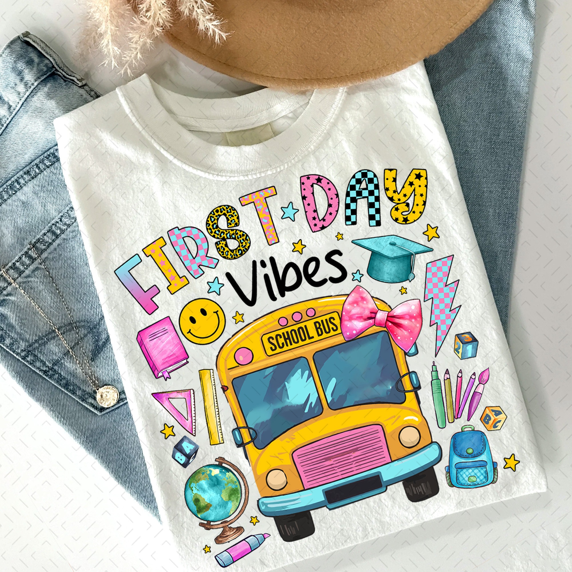 First Day Vibes Png, Back to School Coquette PNG Digital, School bus Png, Books png, Globe png, Flowers png, Girl school png, Pencil png