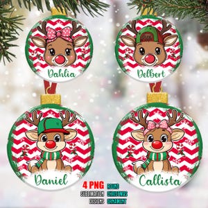 May include: Four round Christmas ornaments with red and white candy cane stripes, green and white chevron patterns, and a cartoon reindeer with a different name on each ornament: Dahlia, Delbert, Daniel, and Callista.
