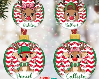 Custom Reindeer Christmas With Kid Names Ornament Png, Boy Girl Christmas Round Ornament Png, Ball Cap Png, Coquette Bow Christmas Png