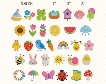 Mini Spring Machine Embroidery Design, Cute Easter and Summer Icons, Small Floral Fruit, Animal Designs, 8 Sizes, Instant Download