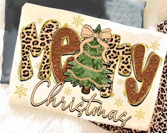 Preppy Frohe Weihnachten Baum Png, Kokette Leopard Weihnachten Png, Faux Glitter Png, Tis Die Saison Png, Girly, Urlaub Png, Girly, Distressed