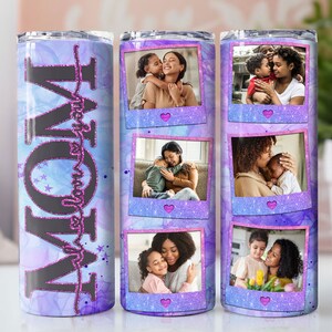 Mom Photo Tumbler wrap for 20 oz skinny tumblers. Sublimation PNG file with 'I Love You Mum' message and personalized photos. High-quality, vibrant design. Perfect for Mother's Day gifts. Digital download file