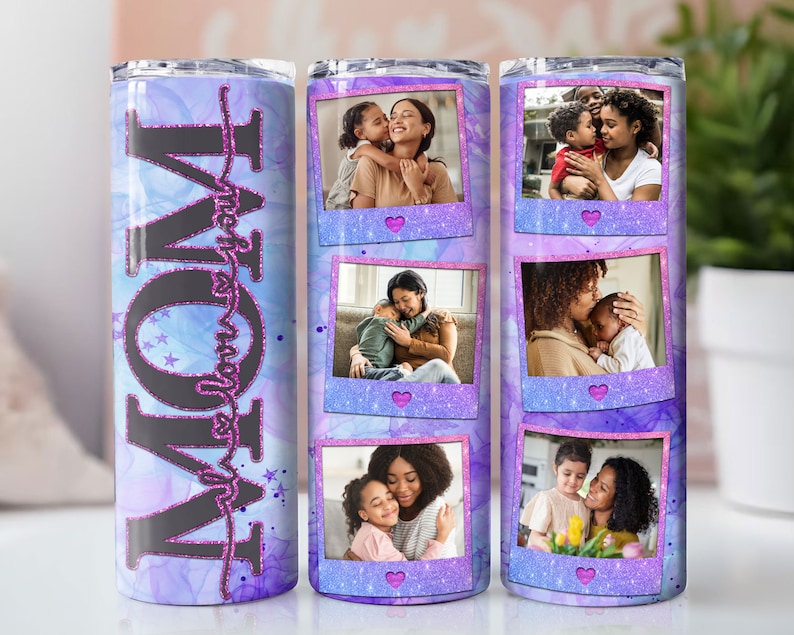 Mom Photo Tumbler wrap for 20 oz skinny tumblers. Sublimation PNG file with 'I Love You Mum' message and personalized photos. High-quality, vibrant design. Perfect for Mother's Day gifts. Digital download file