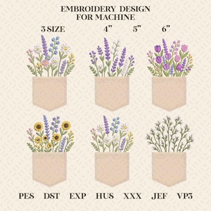 May include: An embroidery design for machine use, featuring six floral arrangements in pocket-shaped designs. The arrangements include sunflowers, lavender, and other flowers, with sizes ranging from 4 to 6 inches. The text "EMBROIDERY DESIGN FOR MACHINE" is at the top.
