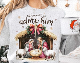 Oh Come Let Us Adore Him Png, Nativity Scene Christmas Png, Coquette Jesus Christmas Png, Baby Jesus Png, Oh Holy Night Png, Hand Drawn