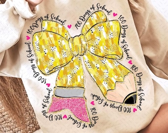 Coquette Bow 100 Days of School Pencil PNG, Brushstroke 100 Days of School Png, Teacher 100 Days Png, Coquette Teacher Png, Glitter School