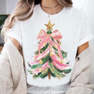 Colorful Christmas Tree PNG Hand drawn doodle Png Brush strokes Coquette Pink Bow Faux glitter Gold Festive Ornament Art Holiday Projects