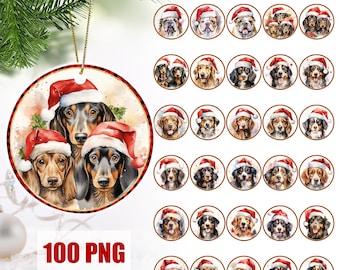 Dog Christmas Round Ornament Bundle PNG Sublimation Template, Coaster png, Photo Memorial Christmas Ornament Png Designs, Round Hanging png
