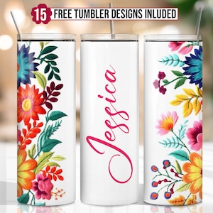 Mexican embroidery flower 20 oz skinny tumbler sublimation design Add text name Floral pattern digital PNG Straight wrap Waterslide download