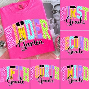 Retro Back to School Girls PNG Checkered Bundle, Kindergarten Kid Design, First Day Shirt PNG, Pre-K to Fourth Grade Png, School Girl File