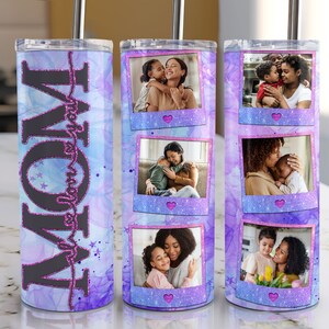 Mom Photo Tumbler wrap for 20 oz skinny tumblers. Sublimation PNG file with 'I Love You Mum' message and personalized photos. High-quality, vibrant design. Perfect for Mother's Day gifts. Digital download file