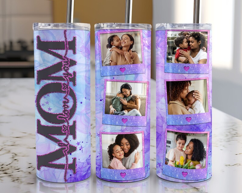 Mom Photo Tumbler wrap for 20 oz skinny tumblers. Sublimation PNG file with 'I Love You Mum' message and personalized photos. High-quality, vibrant design. Perfect for Mother's Day gifts. Digital download file