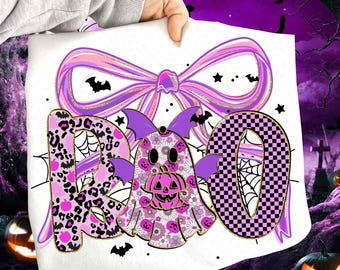 Fantasma assustador Boo PNG, Sublimação de Halloween rosa neon, Laço de Halloween feminino coquete, Camisa de Halloween com glitter elegante PNG, Abóbora de outono retrô