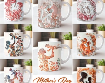 3D Mother And Child Floral Silhouette Mug Wrap, Mother's Day Sublimation Bundle Mug Wrap 11oz / 15oz, Instant Digital Download, PNG Template