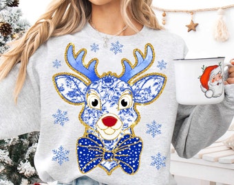 Grand millennial Colorful Glitter Christmas Reindeer Png Reindeer Christmas Png Christmas Coquette Bow Toile Christmas Png brushstroke Png