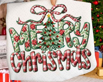 Faux Yarn Merry Christmas Floral Png, Crochet Christmas Tree Bow Png, Checkered Red Plaid Letters Png, Cozy Holiday, Christmas Pattern Png