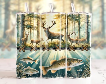 Envoltura de vaso de pesca, Diseño de vaso de sublimación delgado de 20 oz, Diseño de bagre de cazador de acuarela, Descargas de Png de vaso de ciervo de acuarela