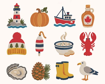 New England Autumn Embroidery Design Bundle, Fall Mini Icons, Lighthouse Cabin Maple Leaf, Instant Download